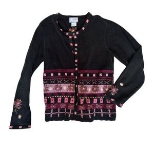 Vintage April Cornell Black Velour Button Up Sweater Flower Embroidery - Size M